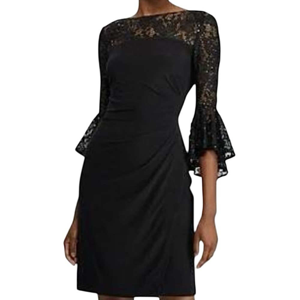 Ralph Lauren LRL Ruched Cocktail Dress Sequin Lace-Trim Bell Sleeve Black Size 2